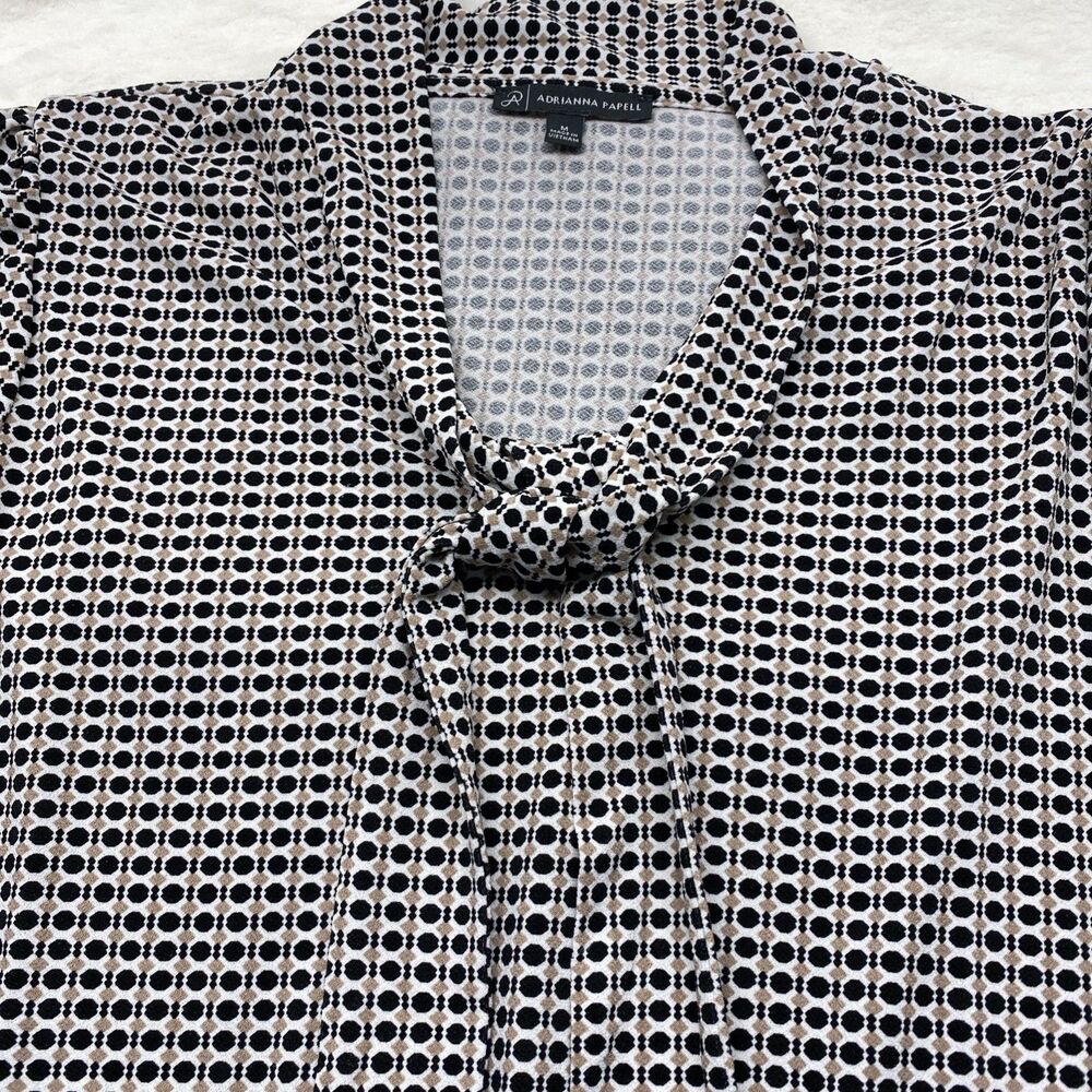 Adrianna Papell Tie Neck Blouse  M Medium Black Tan Geometric Print Smocked Cuff